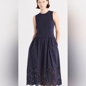 Sleeveless Navy Midi Dress with Eyelet Hem
